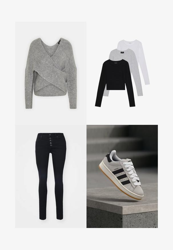 Pelēka apvalka džemperis ar dziļu V veida kakla izgriezumu, garām piedurknēm un ribu tekstūru. Izgatavots no mīksta adījuma materiāla ar slāņotu, asimetrisku dizainu.; Trīs garām piedurknēm veidotas augšdaļas, sakrautās: melna, pelēka un balta. Katram ir noapaļots kakla izgriezums un īsa dizaina forma ar gludu, vieglu audumu.; Melni šaurie džinsi ar augstu vidukli, piecu pogu aizdare un divas priekšējās kabatas. Gluda denima tekstūra, nav redzamu rakstu vai akcentu.; Pelēks Adidas Campus sporta apavu modelis ar melnām svītrām un baltām šņorēm, kas plivinās virs betona apmales ar kāpnēm fonā.