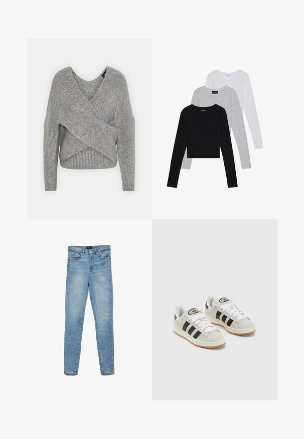 Suéter cinza envolvente com um decote em V profundo, mangas longas e textura canelada. Feito de um material de malha suave com um design assimétrico em camadas.; Três camisetas de manga longa empilhadas: preta, cinza e branca. Cada uma tem um decote redondo e um design cropped, feitas de um tecido leve e suave.; Jeans skinny desbotados de cor azul clara com botão frontal e design de cinco bolsos, dispostos sobre um fundo branco.; Tênis de camurça cinza com atacadores brancos, riscas pretas e uma sola de borracha branca. Apresenta um logótipo circular na língua e uma sola de borracha.