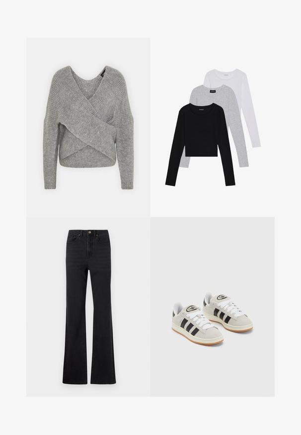 Pelēka apvalka džemperis ar dziļu V veida kakla izgriezumu, garām piedurknēm un ribu tekstūru. Izgatavots no mīksta adījuma materiāla ar slāņotu, asimetrisku dizainu.; Trīs garām piedurknēm veidotas augšdaļas, sakrautās: melna, pelēka un balta. Katram ir noapaļots kakla izgriezums un īsa dizaina forma ar gludu, vieglu audumu.; Melnas augstas jostas vietas džinsu bikses ar priekšējo pogu, jostu cilpām un nedaudz paplatinātiem kājiem uz baltas fona.; Pelēkas zamšādas kedas ar baltām saites, melnām svītrām un baltu gumijas zoli. Raksturīga apļa logo uz mēles un gumijas zole.