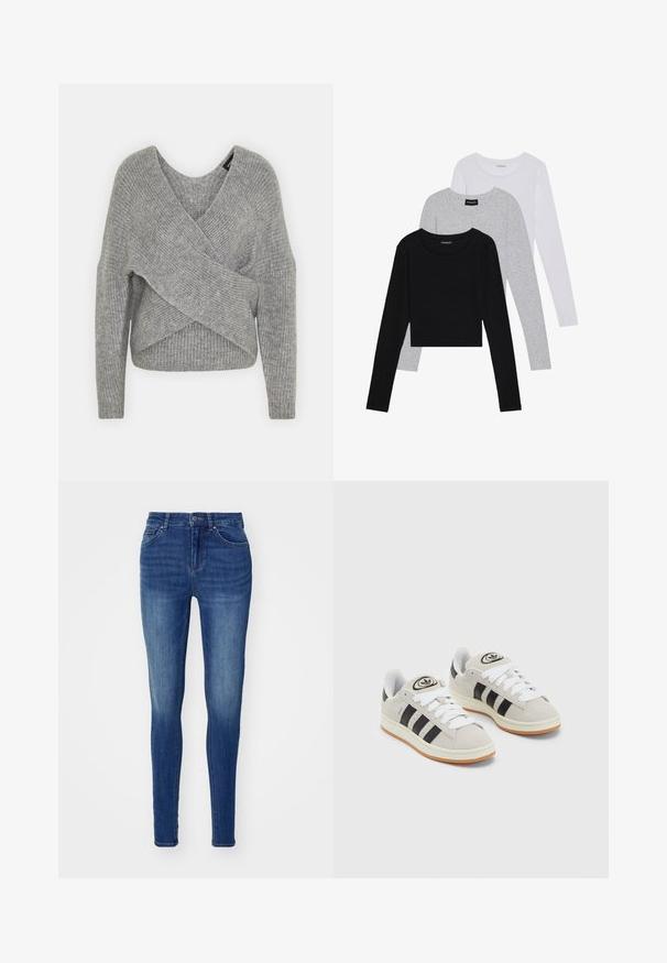 Szürke, mély V kivágású, hosszú ujjú kötött pulóver, bordás textúrával. Puha kötött anyagból készült, réteges, aszimmetrikus dizájnnal.; Három hosszú ujjú póló egymásra rakva: fekete, szürke és fehér. Mindegyiknek kerek nyaka van, és rövidített fazonnal rendelkezik, sima, könnyű anyagból készült.; Kék farmer, skinny fazonú nadrág sima textúrával, öt zsebbel és gombos záródással. Elhasználódott megjelenést kölcsönöző fakulásokkal rendelkezik.; Szürke velúr sportcipők fehér fűzővel, fekete csíkokkal és fehér gumitalppal. A nyelvén kör alakú logó található, illetve a talpa színes gumi.