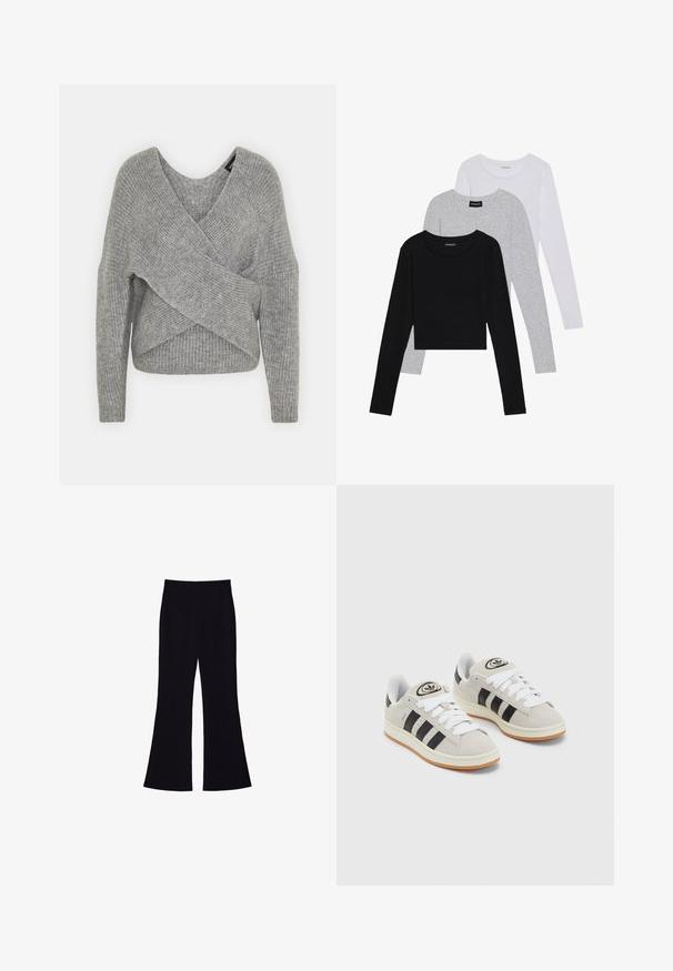 Siva ovitek pulover z globokim V-izrezom, dolgimi rokavi in ribasto teksturo. Narejen iz mehke pletene tkanine z plastnim, asimetričnim dizajnom.; Tri dolga rokava zložena: črna, siva in bela. Vsaka ima okroglo izreznico in skrajšan dizajn z gladkim, lahkotnim materialom.; Črne razširjene hlače z visokim pasom, brez vidnih žepov ali gumbov, prikazane na beli podlagi.; Sive športne čevlje iz semiša z belimi vezalkami, črnimi črtami in belim gumijastim podplatom. Imajo okroglo oznako na ježku in podplat iz gume.