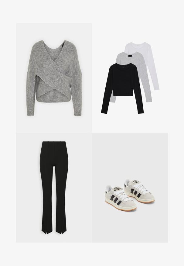 Pelēka apvalka džemperis ar dziļu V veida kakla izgriezumu, garām piedurknēm un ribu tekstūru. Izgatavots no mīksta adījuma materiāla ar slāņotu, asimetrisku dizainu.; Trīs garām piedurknēm veidotas augšdaļas, sakrautās: melna, pelēka un balta. Katram ir noapaļots kakla izgriezums un īsa dizaina forma ar gludu, vieglu audumu.; Melnas flared bikses ar ribotu tekstūru, ar sānu spraugām apakšmalē un augsto jostasvietu. Gluda auduma bez pamanāmiem rotājumiem.; Pelēkas zamšādas kedas ar baltām saites, melnām svītrām un baltu gumijas zoli. Raksturīga apļa logo uz mēles un gumijas zole.