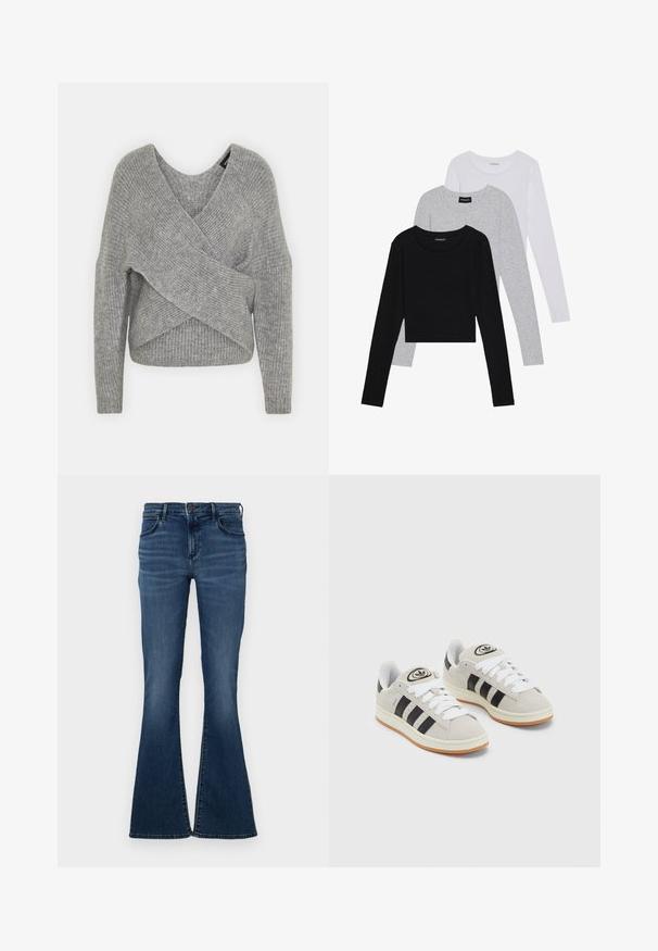 Šedý svetr s volnějším V-výstřihem, dlouhými rukávy a žebrovanou strukturou. Vyrobeno z měkké pleteniny s vrstveným, asymetrickým designem.; Tři trička s dlouhým rukávem naskládaná na sobě: černé, šedé a bílé. Každé má kulatý výstřih a kratší střih z hladkého, lehkého materiálu.; Tmavě modré křiváky s pěticí kapsami, denimovým materiálem, pasem se zapínáním na knoflík a jemným vyblednutím na přední straně.; Šedé semišové tenisky s bílými tkaničkami, černými pruhy a bílou gumovou podrážkou. Mají kulaté logo na jazyku a gumovou podrážku.