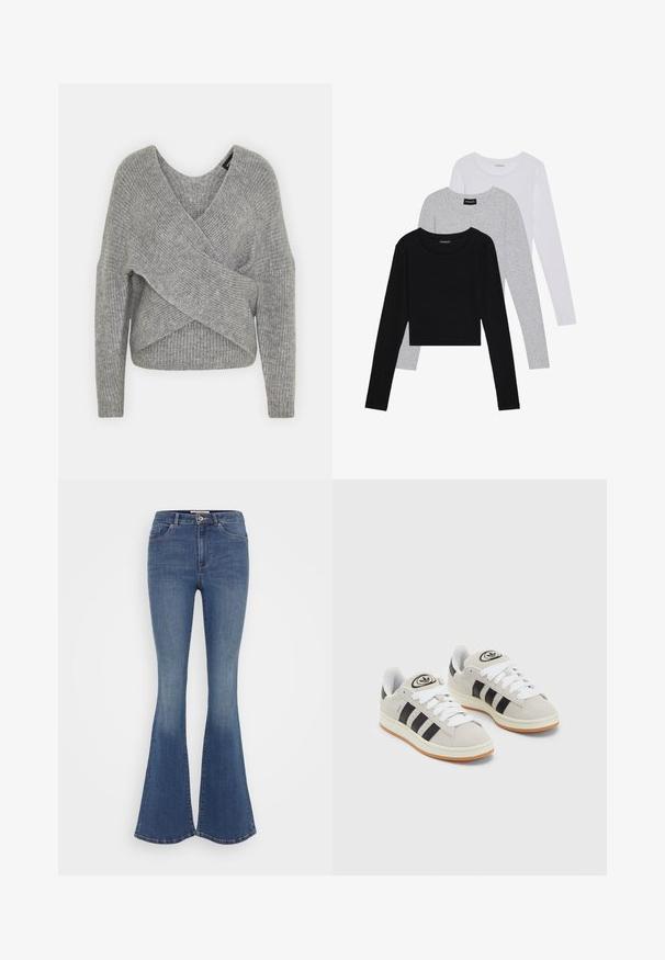 Szary sweter o luźnym kroju z głębokim dekoltem w kształcie litery V, długimi rękawami i prążkowaną teksturą. Wykonany z miękkiego materiału dzianinowego z warstwowym, asymetrycznym wzorem.; Trzy bluzki z długim rękawem ułożone jedna na drugiej: czarna, szara i biała. Każda z okrągłym dekoltem i skróconym fasonem, wykonana z gładkiego, lekkiego materiału.; Niebieskie dżinsy z rozszerzanymi nogawkami i wysokim stanem, z pięcioma kieszeniami, z przodu zapinane na guzik oraz delikatnie sprane na udach.; Szare zamszowe trampki z białymi sznurówkami, czarnymi paskami i białą gumową podeszwą. Posiadają okrągłe logo na języku oraz gumową podeszwę.