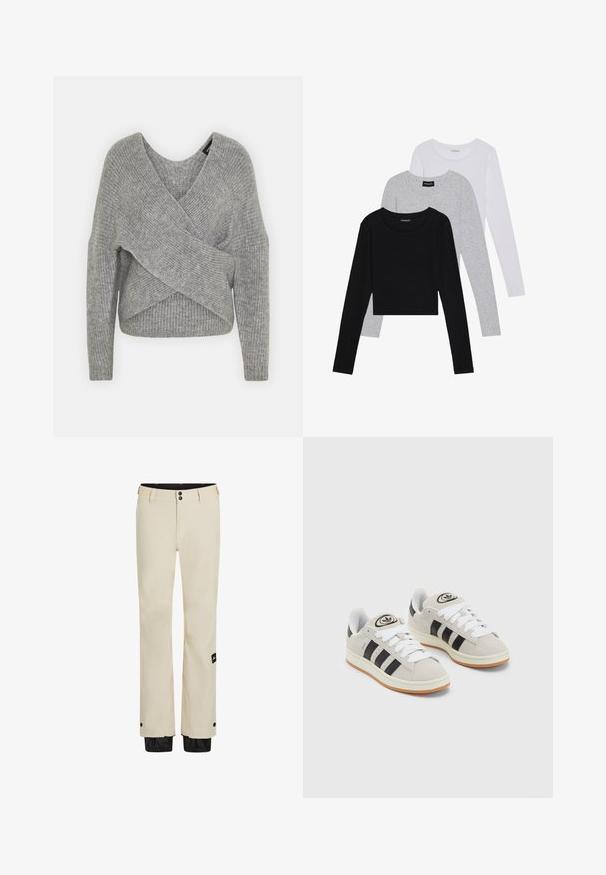 Pull en gris avec un col en V profond, des manches longues et une texture côtelée. Fabriqué en matériau tricoté doux avec un design asymétrique superposé.; Trois hauts à manches longues empilés : noir, gris et blanc. Chacun a un col rond et un design court avec un tissu lisse et léger.; Pantalons imperméables beiges avec deux boutons de fermeture, une braguette zippée et un ourlet ajustable noir. Présente une étiquette de logo sur la jambe gauche.; Baskets en suède gris avec des lacets blancs, des rayures noires et une semelle en caoutchouc blanc. Présentent un logo circulaire sur la languette et une semelle en gomme.