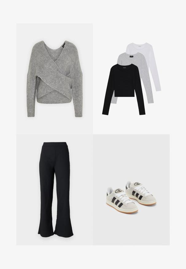 Pilkas aptraukiamas megztinis su giliu V formos iškirpimu, ilgomis rankovėmis ir riešutiniu tekstūru. Pagamintas iš minkštos megztos medžiagos su sluoksniuota, asimetrine konstrukcija.; Trijų ilgomis rankovėmis marškinėlių krūva: juodas, pilkas ir baltas. Kiekvienas turi apvalų iškirpimą ir trumpą dizainą, pagamintas iš lygaus, lengvo audinio.; Juodos, tekstūruotos platėjančios kelnės su prigludusia liemene. Audinys turi subtilių glimdimų, kurie plėtojasi apačioje, suteikdami laisvą siluetą.; Grynos zomšos sneakeriai su baltais raišteliais, juodomis juostelėmis ir balta gumine sole. Turintys apskritą logotipą ant liežuvėlio ir guminę sole.