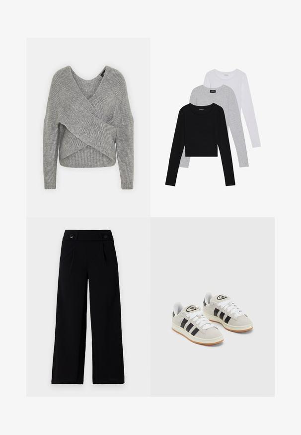 Grå omslagströja med djup V-ringning, långa ärmar och ribbad struktur. Tillverkad av ett mjukt stickat material med en lager-på-lager, asymmetrisk design.; Tre långärmade tröjor staplade: svart, grå och vit. Var och en har en rund halsringning och en kort design med mjukt, lätt material.; Svarta vida byxor med platt fram, sidofickor och två knappar i midjan. Slät tyg med en subtil lyster.; Grå mocka sneakers med vita snören, svarta ränder och en vit gummisula. Har en rund logo på tungan och en gummisula.