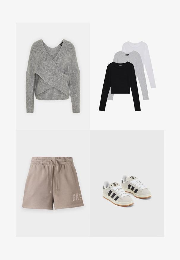 Pullover griș cu un decolteu adânc în V, mâneci lungi și textură cu ochiuri. Fabricat dintr-un material tricotat moale, cu un design stratificat și asimetric.; Trei bluze cu mânecă lungă așezate: neagră, gri și albă. Fiecare are un guler rotund și un design scurt, realizat dintr-un material fin și ușor.; Shorts bej dintr-un material moale, având o talie elastică cu șnur și logo-ul brodat "GAP" pe partea din față, jos.; Adidași din suede gri cu șireți albi, dungi negre și talpă din cauciuc alb. Prezintă un logo circular pe limbă și o talpă din cauciuc.