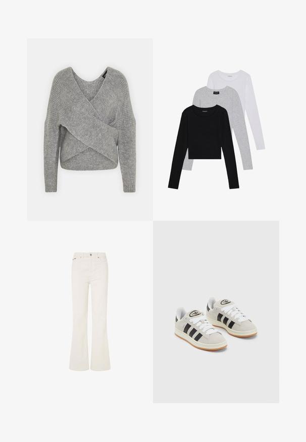 Szary sweter o luźnym kroju z głębokim dekoltem w kształcie litery V, długimi rękawami i prążkowaną teksturą. Wykonany z miękkiego materiału dzianinowego z warstwowym, asymetrycznym wzorem.; Trzy bluzki z długim rękawem ułożone jedna na drugiej: czarna, szara i biała. Każda z okrągłym dekoltem i skróconym fasonem, wykonana z gładkiego, lekkiego materiału.; Białe dżinsy w stylu dzwonów wykonane z mieszanki bawełny. Posiadają pięć kieszeni, zapięcie na guziki z przodu oraz widoczne szwy wzdłuż szwów.; Szare zamszowe trampki z białymi sznurówkami, czarnymi paskami i białą gumową podeszwą. Posiadają okrągłe logo na języku oraz gumową podeszwę.