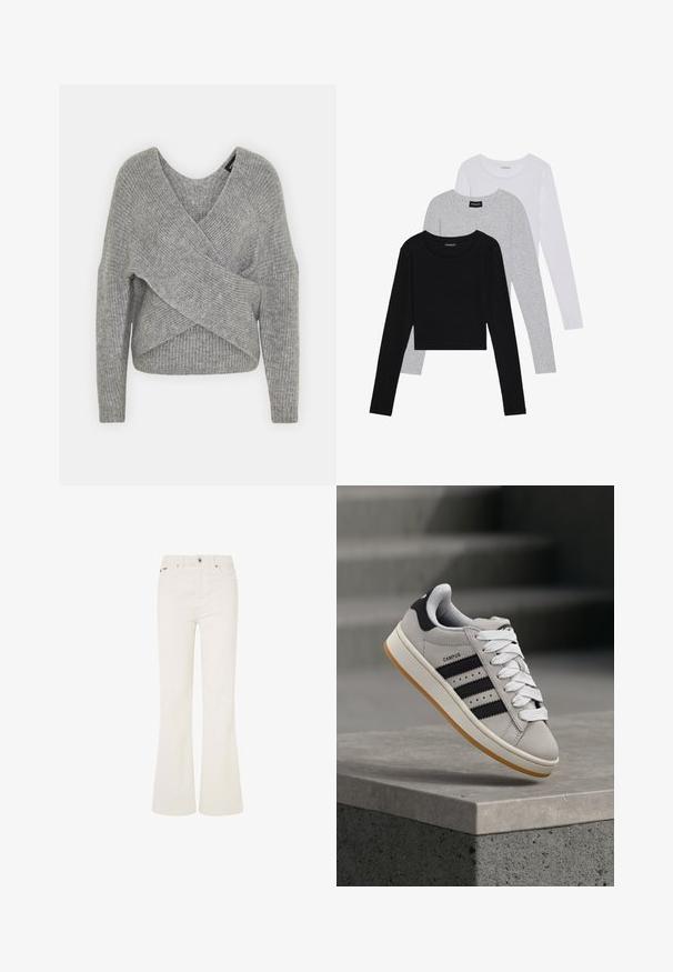 Szary sweter o luźnym kroju z głębokim dekoltem w kształcie litery V, długimi rękawami i prążkowaną teksturą. Wykonany z miękkiego materiału dzianinowego z warstwowym, asymetrycznym wzorem.; Trzy bluzki z długim rękawem ułożone jedna na drugiej: czarna, szara i biała. Każda z okrągłym dekoltem i skróconym fasonem, wykonana z gładkiego, lekkiego materiału.; Białe dżinsy w stylu dzwonów wykonane z mieszanki bawełny. Posiadają pięć kieszeni, zapięcie na guziki z przodu oraz widoczne szwy wzdłuż szwów.; Szary sneaker Adidas Campus z czarnymi paskami i białymi sznurówkami unoszący się nad betonowym murkiem, w tle schody.