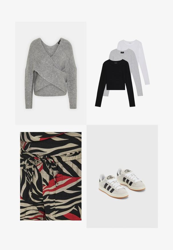 Szürke, mély V kivágású, hosszú ujjú kötött pulóver, bordás textúrával. Puha kötött anyagból készült, réteges, aszimmetrikus dizájnnal.; Három hosszú ujjú póló egymásra rakva: fekete, szürke és fehér. Mindegyiknek kerek nyaka van, és rövidített fazonnal rendelkezik, sima, könnyű anyagból készült.; Fekete, elefántcsont és piros szövet, amelyet merész zebra csík mintázat díszít. A derékpántja állítható zsinórral van ellátva a megfelelő illeszkedés érdekében. A textúra könnyűnek tűnik.; Szürke velúr sportcipők fehér fűzővel, fekete csíkokkal és fehér gumitalppal. A nyelvén kör alakú logó található, illetve a talpa színes gumi.