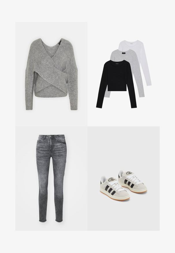 Pelēka apvalka džemperis ar dziļu V veida kakla izgriezumu, garām piedurknēm un ribu tekstūru. Izgatavots no mīksta adījuma materiāla ar slāņotu, asimetrisku dizainu.; Trīs garām piedurknēm veidotas augšdaļas, sakrautās: melna, pelēka un balta. Katram ir noapaļots kakla izgriezums un īsa dizaina forma ar gludu, vieglu audumu.; Tievās džinsos ar izbalējušu pelēku krāsu, kuriem ir augsta jostasvieta, pogu aizdare un nolietota apakšmala. Izgatavoti no džinsa auduma ar smalkām tekstūras variācijām.; Pelēkas zamšādas kedas ar baltām saites, melnām svītrām un baltu gumijas zoli. Raksturīga apļa logo uz mēles un gumijas zole.