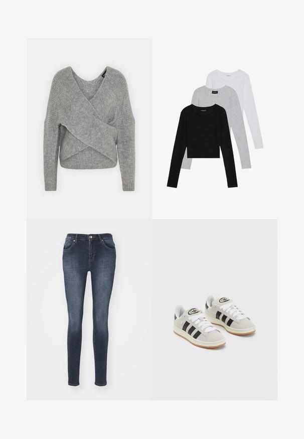 Siva omotana vestica s dubokim V-izrezom, dugim rukavima i rebrastom teksturom. Izrađena od mekog pletenog materijala s slojevitim, asimetričnim dizajnom.; Tri dugih rukava posložena: crna, siva i bijela. Svaka ima okrugli izrez i skrateni kroj s glatkom, laganom tkaninom.; Tamno plave uske traperice napravljene od denima, s prednjim džepovima, zatvaračem na munju i srebrnim gumbom za kopčanje. Sadrži suptilne tragove habanja i izblede.; Sive suede tenisice s bijelim vezicama, crnim prugama i bijelim gumiranim potplatom. Imaju kružni logo na jeziku i gumeni potplat.