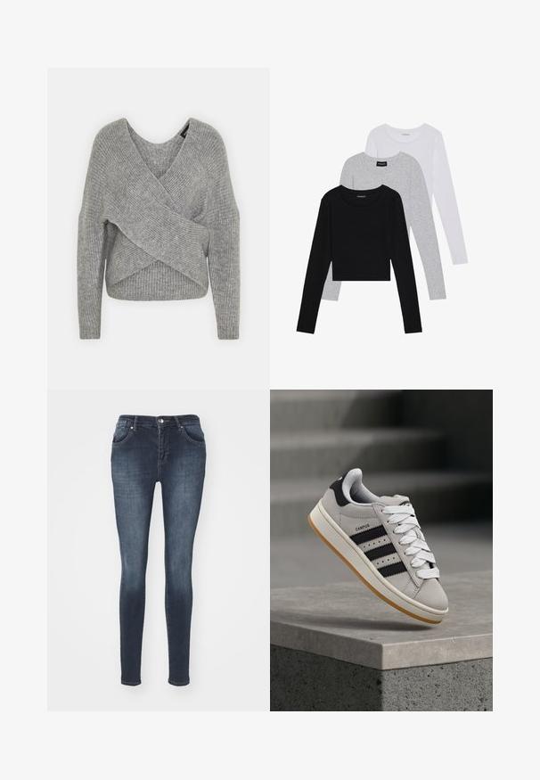 Siva ovitek pulover z globokim V-izrezom, dolgimi rokavi in ribasto teksturo. Narejen iz mehke pletene tkanine z plastnim, asimetričnim dizajnom.; Tri dolga rokava zložena: črna, siva in bela. Vsaka ima okroglo izreznico in skrajšan dizajn z gladkim, lahkotnim materialom.; Temno modri usnjeni kavbojki z sprednjimi žepi, z zadrgo in srebrnim gumbom za zapiranje. Značilna so subtilna zameglitev in bledenje.; adidas Originals CAMPUS 00S W - Športni copati - crystal white/core black/off white