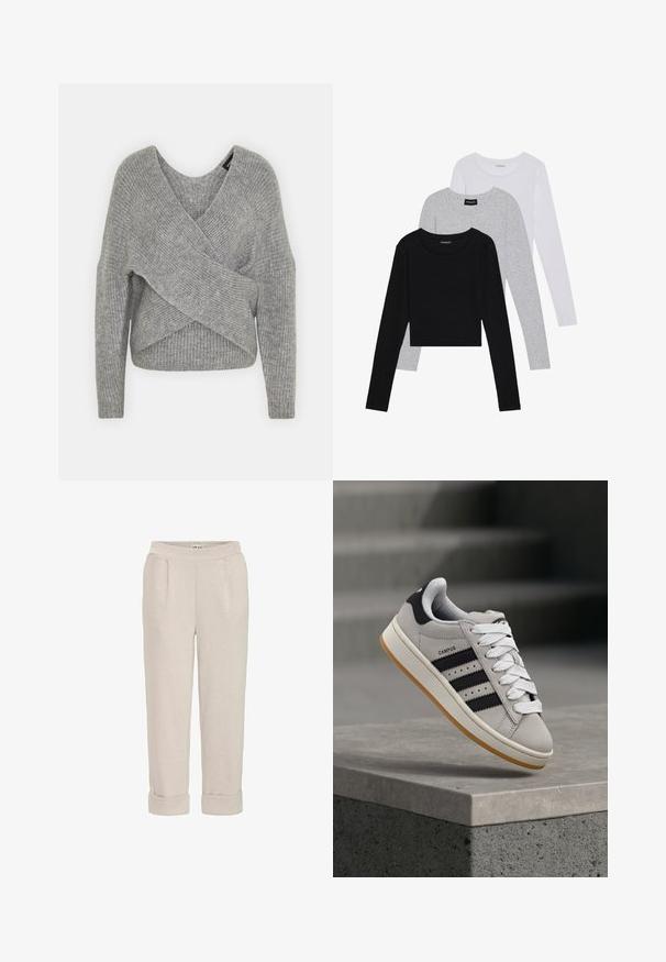 Grå indpakningssweater med dyb V-udskæring, lange ærmer og ribbet tekstur. Fremstillet i et blødt strikkemateriale med et lagdelt, asymmetrisk design.; Tre langærmede toppe stablet: sort, grå og hvid. Hver har en rund halsudskæring og et cropped design med glat, let stof.; Lysbeige bukser lavet af blødt stof, med en afslappet pasform, opsmøgte manchetter og sidelommer med en glat tekstur.; Grå Adidas Campus-sneaker med sorte striber og hvide snørebånd, der svæver over en betonkant med trapper i baggrunden.