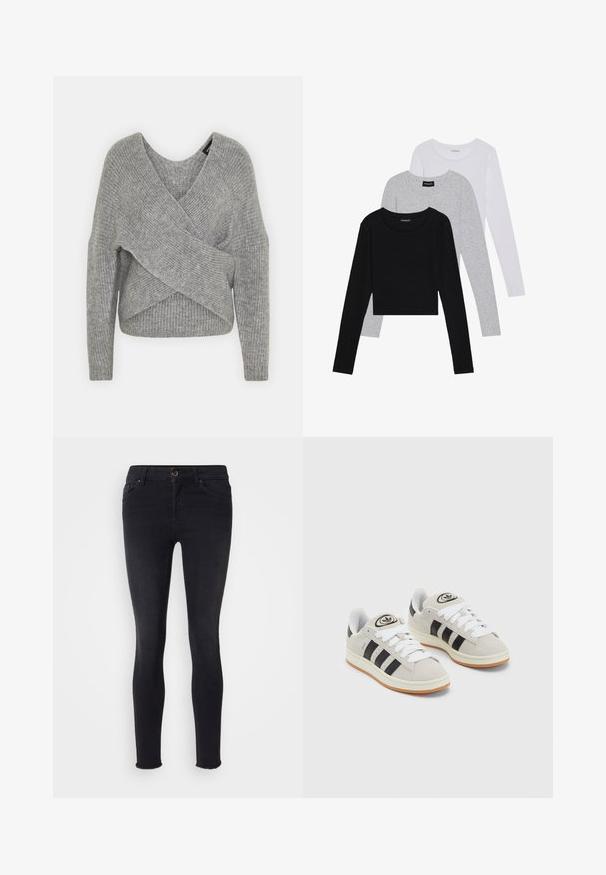 Pelēka apvalka džemperis ar dziļu V veida kakla izgriezumu, garām piedurknēm un ribu tekstūru. Izgatavots no mīksta adījuma materiāla ar slāņotu, asimetrisku dizainu.; Trīs garām piedurknēm veidotas augšdaļas, sakrautās: melna, pelēka un balta. Katram ir noapaļots kakla izgriezums un īsa dizaina forma ar gludu, vieglu audumu.; Melni šaurie džinsi no denima materiāla, ar vidēju jostas līmeni, priekšējām kabatām un neapstrādātu apakšmalu pie potītēm. Klasisks piecu kabatu dizains.; Pelēkas zamšādas kedas ar baltām saites, melnām svītrām un baltu gumijas zoli. Raksturīga apļa logo uz mēles un gumijas zole.