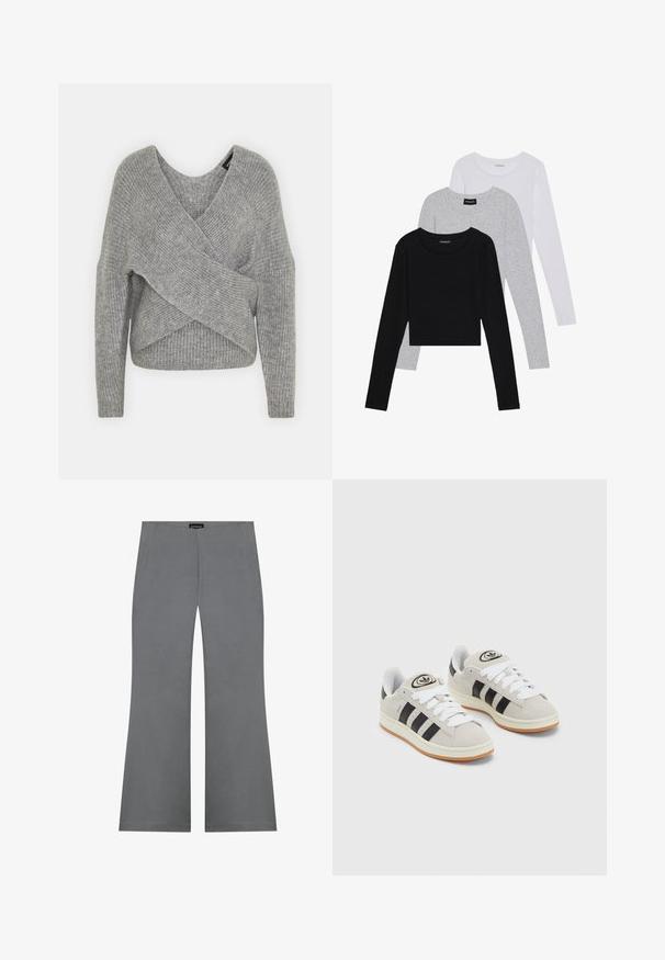 Pull en gris avec un col en V profond, des manches longues et une texture côtelée. Fabriqué en matériau tricoté doux avec un design asymétrique superposé.; Trois hauts à manches longues empilés : noir, gris et blanc. Chacun a un col rond et un design court avec un tissu lisse et léger.; Pantalons gris évasés avec une texture lisse, dotés d'une taille haute et d'un design épuré. Aucune motif visible ni détails en métal.; Baskets en suède gris avec des lacets blancs, des rayures noires et une semelle en caoutchouc blanc. Présentent un logo circulaire sur la languette et une semelle en gomme.