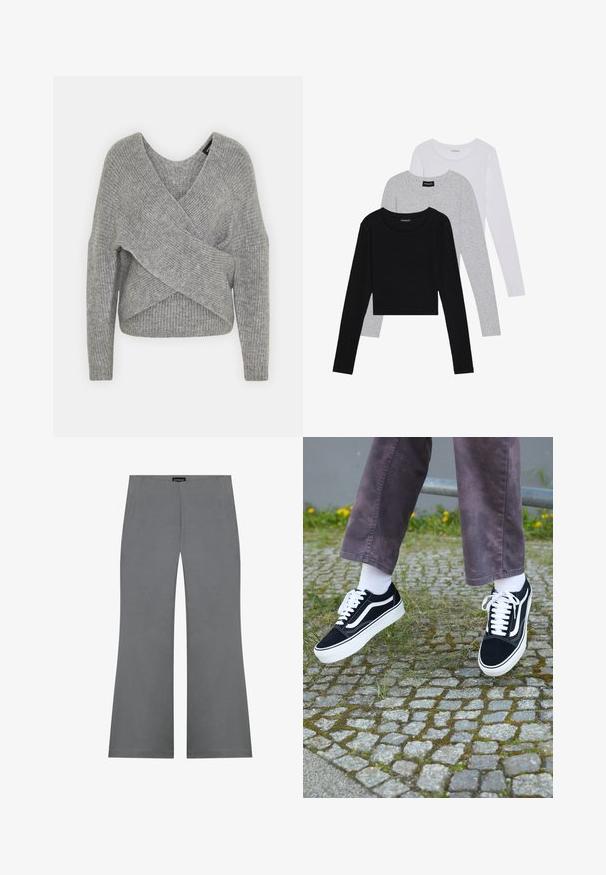 Pull en gris avec un col en V profond, des manches longues et une texture côtelée. Fabriqué en matériau tricoté doux avec un design asymétrique superposé.; Trois hauts à manches longues empilés : noir, gris et blanc. Chacun a un col rond et un design court avec un tissu lisse et léger.; Pantalons gris évasés avec une texture lisse, dotés d'une taille haute et d'un design épuré. Aucune motif visible ni détails en métal.; Baskets en suède noir avec des accents blancs, présentant un bout rond, une semelle blanche épaisse et un design classique à lacets, portées avec des chaussettes blanches et un pantalon violet.