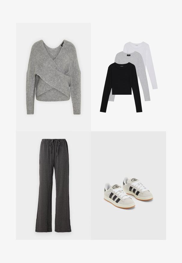 Siva ovitek pulover z globokim V-izrezom, dolgimi rokavi in ribasto teksturo. Narejen iz mehke pletene tkanine z plastnim, asimetričnim dizajnom.; Tri dolga rokava zložena: črna, siva in bela. Vsaka ima okroglo izreznico in skrajšan dizajn z gladkim, lahkotnim materialom.; Črno-bele prugaste pižame hlače, ki imajo vrvico v pasu, široke noge in mehak, teksturiran material z navpičnimi črtami.; Sive športne čevlje iz semiša z belimi vezalkami, črnimi črtami in belim gumijastim podplatom. Imajo okroglo oznako na ježku in podplat iz gume.