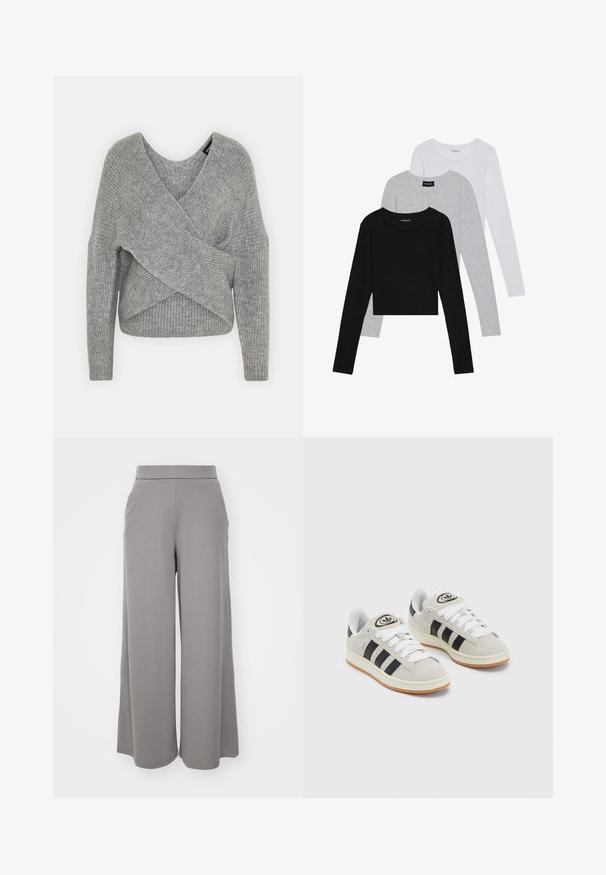 Szürke, mély V kivágású, hosszú ujjú kötött pulóver, bordás textúrával. Puha kötött anyagból készült, réteges, aszimmetrikus dizájnnal.; Három hosszú ujjú póló egymásra rakva: fekete, szürke és fehér. Mindegyiknek kerek nyaka van, és rövidített fazonnal rendelkezik, sima, könnyű anyagból készült.; Széles lábú nadrág puha, szürke anyagból, rugalmas derékkal, oldalsó zsebekkel és sima textúrával. Alkalmas hétköznapi viseletre.; Szürke velúr sportcipők fehér fűzővel, fekete csíkokkal és fehér gumitalppal. A nyelvén kör alakú logó található, illetve a talpa színes gumi.