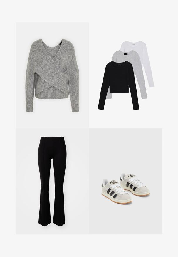Suéter cinza envolvente com um decote em V profundo, mangas longas e textura canelada. Feito de um material de malha suave com um design assimétrico em camadas.; Três camisetas de manga longa empilhadas: preta, cinza e branca. Cada uma tem um decote redondo e um design cropped, feitas de um tecido leve e suave.; Calças pretas à boca de sino feitas de um tecido elástico, com uma cintura alta, textura suave e detalhes de costura na parte da frente.; Tênis de camurça cinza com atacadores brancos, riscas pretas e uma sola de borracha branca. Apresenta um logótipo circular na língua e uma sola de borracha.