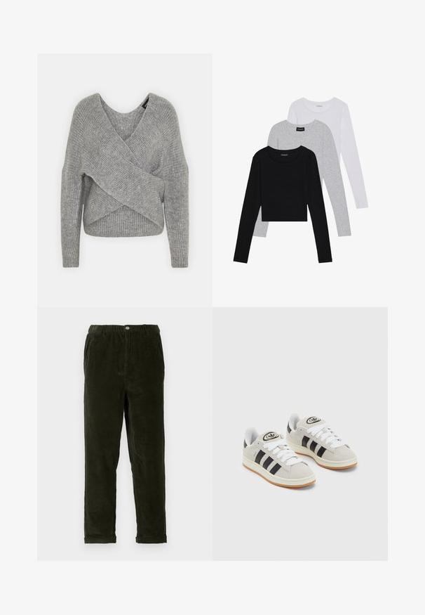 Gray wrap sweater with a deep V-neck, long sleeves, and ribbed texture. Made from a soft knit material with a layered, asymmetrical design.; Three long-sleeve tops stacked: black, grey, and white. Each has a round neckline and a cropped design with smooth, lightweight fabric.; Dark green corduroy pants with a textured finish, featuring an elastic waistband, front pockets, and tapered legs.; Gray suede sneakers with white laces, black stripes, and a white rubber sole. Features a circular logo on the tongue and a gum sole.