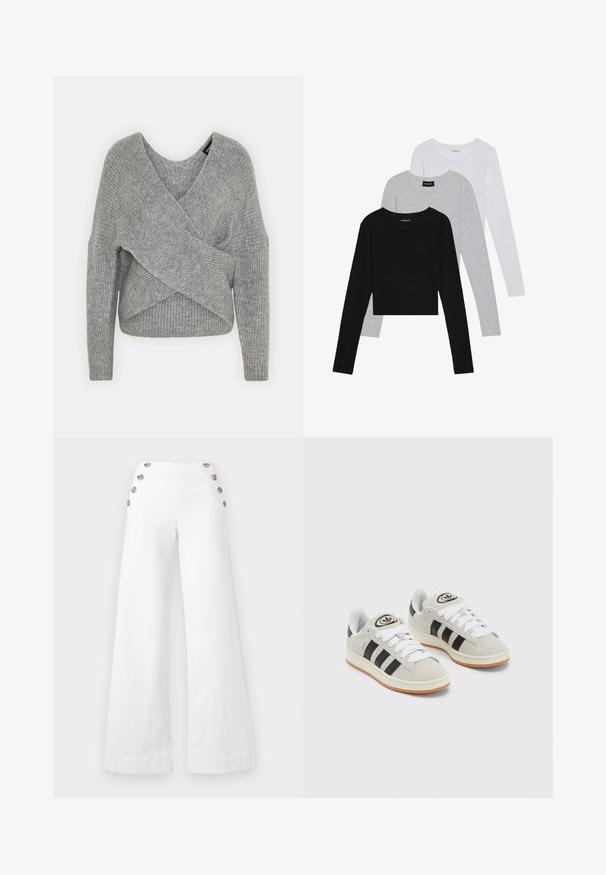Pull en gris avec un col en V profond, des manches longues et une texture côtelée. Fabriqué en matériau tricoté doux avec un design asymétrique superposé.; Trois hauts à manches longues empilés : noir, gris et blanc. Chacun a un col rond et un design court avec un tissu lisse et léger.; Pantalons blancs à jambes larges en coton, ornés de grands boutons décoratifs sur les côtés, avec une texture lisse et des coutures nettes.; Baskets en suède gris avec des lacets blancs, des rayures noires et une semelle en caoutchouc blanc. Présentent un logo circulaire sur la languette et une semelle en gomme.