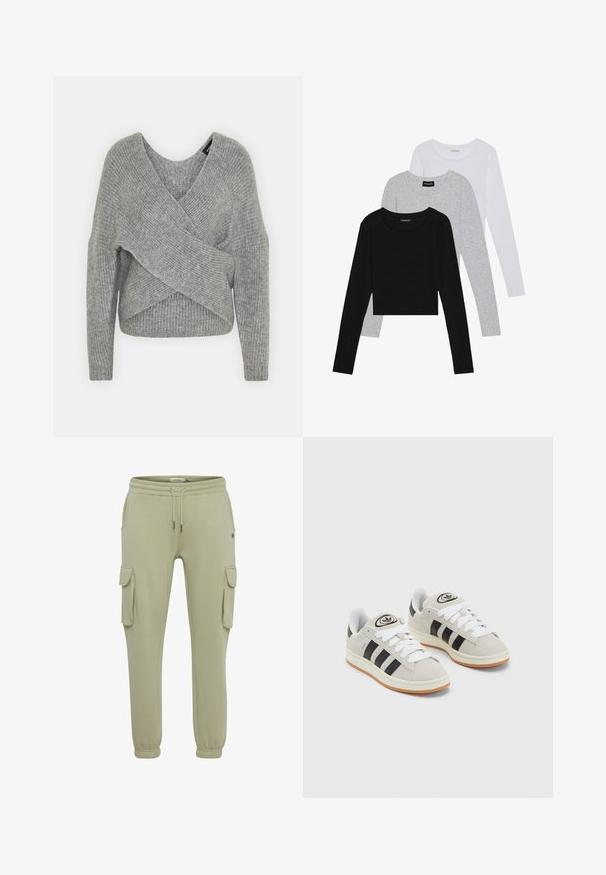 Pelēka apvalka džemperis ar dziļu V veida kakla izgriezumu, garām piedurknēm un ribu tekstūru. Izgatavots no mīksta adījuma materiāla ar slāņotu, asimetrisku dizainu.; Trīs garām piedurknēm veidotas augšdaļas, sakrautās: melna, pelēka un balta. Katram ir noapaļots kakla izgriezums un īsa dizaina forma ar gludu, vieglu audumu.; Gaiši zaļas kravas sporta bikses, kas izgatavotas no mīksta auduma, ar sānu kabatām, elastīgām piedurknēm un aukliņu jostasvietā, lai pielāgotu izmēru.; Pelēkas zamšādas kedas ar baltām saites, melnām svītrām un baltu gumijas zoli. Raksturīga apļa logo uz mēles un gumijas zole.