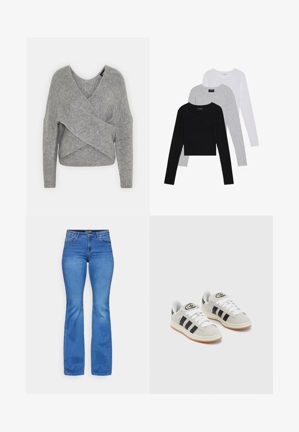 Siva ovitek pulover z globokim V-izrezom, dolgimi rokavi in ribasto teksturo. Narejen iz mehke pletene tkanine z plastnim, asimetričnim dizajnom.; Tri dolga rokava zložena: črna, siva in bela. Vsaka ima okroglo izreznico in skrajšan dizajn z gladkim, lahkotnim materialom.; ONLY ONLREESE RETRO - Kavbojke na trapez - light medium blue denim; Sive športne čevlje iz semiša z belimi vezalkami, črnimi črtami in belim gumijastim podplatom. Imajo okroglo oznako na ježku in podplat iz gume.