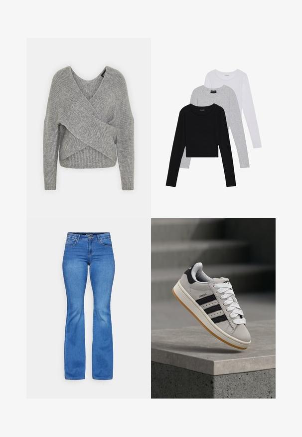 Szürke, mély V kivágású, hosszú ujjú kötött pulóver, bordás textúrával. Puha kötött anyagból készült, réteges, aszimmetrikus dizájnnal.; Három hosszú ujjú póló egymásra rakva: fekete, szürke és fehér. Mindegyiknek kerek nyaka van, és rövidített fazonnal rendelkezik, sima, könnyű anyagból készült.; ONLY ONLREESE RETRO - Trapézfarmer - light medium blue denim; Szürke Adidas Campus sneaker fekete csíkokkal és fehér fűzőkkel, amely egy beton korlát felett lebeg, háttérben lépcsőkkel.