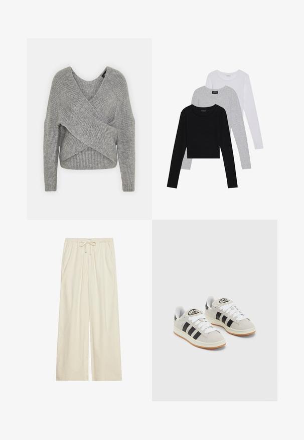 Pullover griș cu un decolteu adânc în V, mâneci lungi și textură cu ochiuri. Fabricat dintr-un material tricotat moale, cu un design stratificat și asimetric.; Trei bluze cu mânecă lungă așezate: neagră, gri și albă. Fiecare are un guler rotund și un design scurt, realizat dintr-un material fin și ușor.; Pantaloni lejeri largi de crem deschis, cu talie elastică și șnur, având buzunare laterale și un material texturat.; Adidași din suede gri cu șireți albi, dungi negre și talpă din cauciuc alb. Prezintă un logo circular pe limbă și o talpă din cauciuc.
