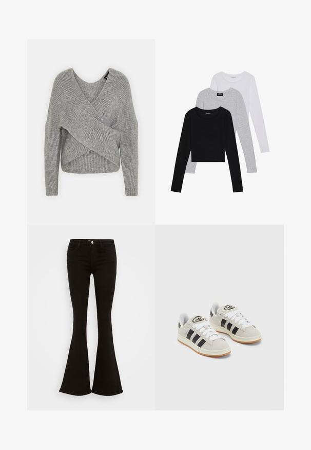 Harmaa neulejakku, jossa on syvä V-kaula-aukko, pitkät hihat ja ribboitu pinta. Valmistettu pehmeästä neuloksesta, jossa on kerroksellinen ja epäsymmetrinen muotoilu.; Kolme pitkähihasta paita päällekkäin: musta, harmaa ja valkoinen. Jokaisessa on pyöreä pääntie ja lyhennetty muotoilu, jossa on sileä ja kevyt kangas.; Mustat korkeavyötäröiset leveälahkeiset farkut, joissa on etupainike, vyölenkit ja viisi taskua, esillä valkoisella taustalla.; Harmaat mokkasiinikenkä, joissa on valkoiset nauhat, mustat raidat ja valkoinen kumipohja. Kantajassa on pyöreä logo ja vaaleanruskea pohja.