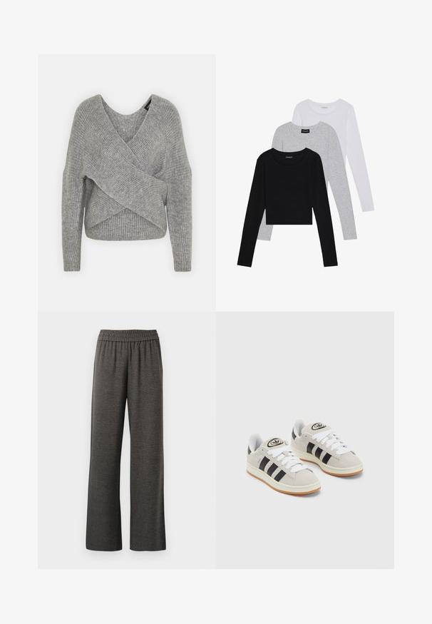 Siva omotana vestica s dubokim V-izrezom, dugim rukavima i rebrastom teksturom. Izrađena od mekog pletenog materijala s slojevitim, asimetričnim dizajnom.; Tri dugih rukava posložena: crna, siva i bijela. Svaka ima okrugli izrez i skrateni kroj s glatkom, laganom tkaninom.; Sive široke hlače od teksturiranog materijala, s elastičnim pojasom i bez džepova, dizajnirane za udobnost i lakoću kretanja.; Sive suede tenisice s bijelim vezicama, crnim prugama i bijelim gumiranim potplatom. Imaju kružni logo na jeziku i gumeni potplat.