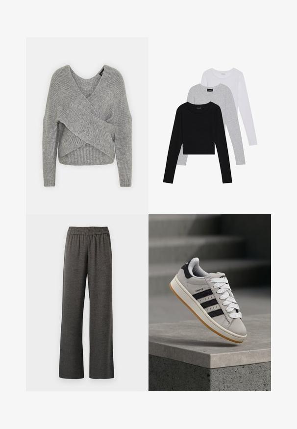 Grau umwickelter Pullover mit tiefem V-Ausschnitt, langen Ärmeln und gerippter Textur. Hergestellt aus einem weichen Strickmaterial mit einem geschichteten, asymmetrischen Design.; Drei langärmelige Oberteile gestapelt: schwarz, grau und weiß. Jedes hat einen runden Halsausschnitt und ein kurzes Design aus glattem, leichtem Stoff.; Graue weit geschnittene Hosen aus strukturiertem Stoff, mit einem elastischen Bund und ohne Taschen, entworfen für Komfort und Bewegungsfreiheit.; Grauer Adidas Campus Sneaker mit schwarzen Streifen und weißen Schnürsenkeln, der über einer Betonmauer schwebt, mit Treppen im Hintergrund.