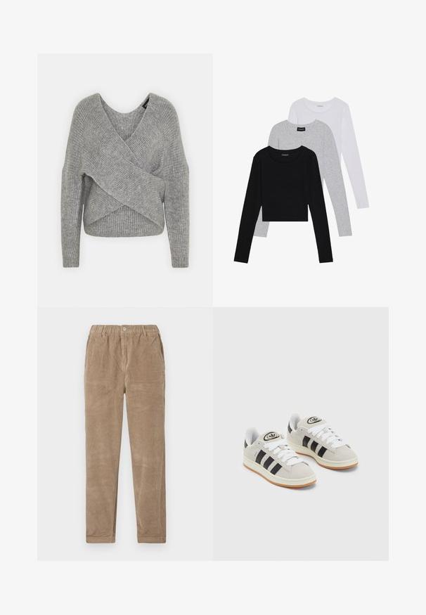 Grau umwickelter Pullover mit tiefem V-Ausschnitt, langen Ärmeln und gerippter Textur. Hergestellt aus einem weichen Strickmaterial mit einem geschichteten, asymmetrischen Design.; Drei langärmelige Oberteile gestapelt: schwarz, grau und weiß. Jedes hat einen runden Halsausschnitt und ein kurzes Design aus glattem, leichtem Stoff.; Braune Cord-Hosen mit elastischem Bund, flachen Fronttaschen und geradem Bein. Weiche Textur und geripptes Muster.; Graue Wildledersneaker mit weißen Schnürsenkeln, schwarzen Streifen und einer weißen Gummisohle. Merkmale sind ein kreisförmiges Logo auf der Zunge und eine Gummisohle.