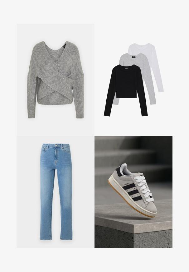 Sivý cardigan s hlbokým V- výstrihom, dlhými rukávmi a rebrovanou textúrou. Vyrobený z mäkkého pleteného materiálu s viacvrstvovým, asymetrickým dizajnom.; Tričko s dlhým rukávom v troch farbách: čiernej, sivej a bielej. Každé má okrúhly výstrih a skrátený strih vyrobený z hladkej, ľahkej tkaniny.; Svetlo modré džínsy s rovnými nohavicami, dizajnom s piatimi vreckami a vyblednutým povrchom. Obsahuje kovový gombík a zips na zapínanie v páse.; Šedá teniska Adidas Campus s čiernymi pruhmi a bielymi šnúrkami vznášajúca sa nad betónovým múrikom so schodmi v pozadí.