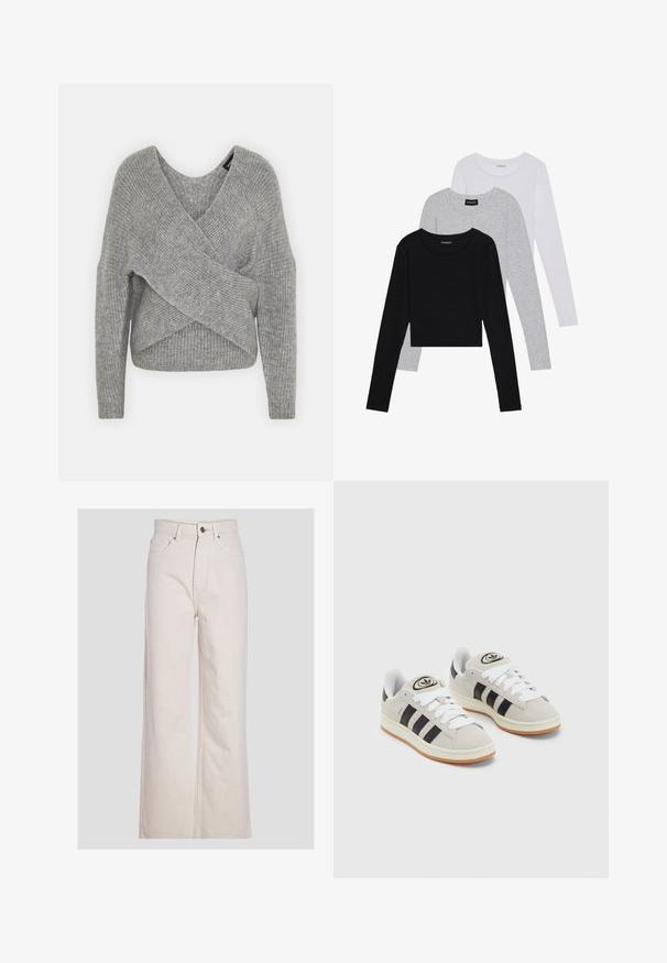 Pull en gris avec un col en V profond, des manches longues et une texture côtelée. Fabriqué en matériau tricoté doux avec un design asymétrique superposé.; Trois hauts à manches longues empilés : noir, gris et blanc. Chacun a un col rond et un design court avec un tissu lisse et léger.; Jean large beige en denim de coton, doté d'une taille haute, d'une fermeture à boutons sur le devant et d'un design standard à cinq poches.; Baskets en suède gris avec des lacets blancs, des rayures noires et une semelle en caoutchouc blanc. Présentent un logo circulaire sur la languette et une semelle en gomme.