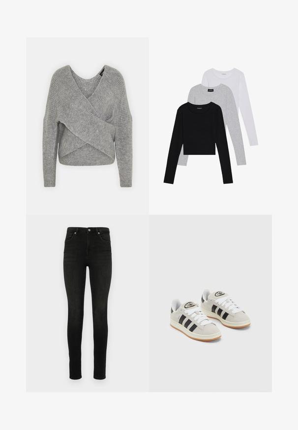 Sivý cardigan s hlbokým V- výstrihom, dlhými rukávmi a rebrovanou textúrou. Vyrobený z mäkkého pleteného materiálu s viacvrstvovým, asymetrickým dizajnom.; Tričko s dlhým rukávom v troch farbách: čiernej, sivej a bielej. Každé má okrúhly výstrih a skrátený strih vyrobený z hladkej, ľahkej tkaniny.; Čierne úzke džínsy vyrobené z denimu. Klasický dizajn s piatimi vreckami a zapínaním na zips a gombík. Hladká textura a priliehavý strih.; Sivé semišové tenisky s bielymi šnúrkami, čiernymi pruhmi a bielou gumovou podrážkou. Obsahujú okrúhly logo na jazyku a gumenú podrážku.