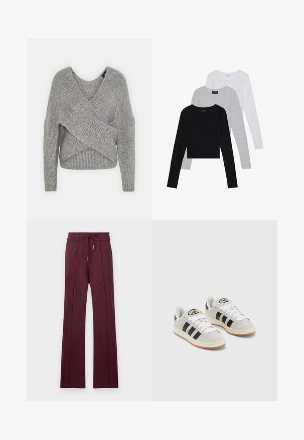 Gray wrap sweater with a deep V-neck, long sleeves, and ribbed texture. Made from a soft knit material with a layered, asymmetrical design.; Three long-sleeve tops stacked: black, grey, and white. Each has a round neckline and a cropped design with smooth, lightweight fabric.; Burgundy wide-leg trousers made of soft fabric with a drawstring waistband and front pleats. Flat hem and smooth texture.; Gray suede sneakers with white laces, black stripes, and a white rubber sole. Features a circular logo on the tongue and a gum sole.