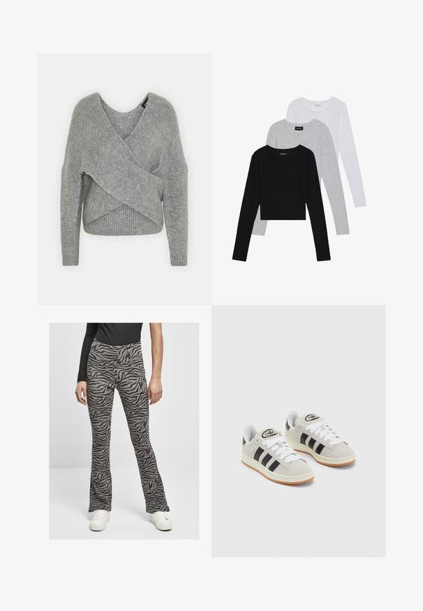 Pelēka apvalka džemperis ar dziļu V veida kakla izgriezumu, garām piedurknēm un ribu tekstūru. Izgatavots no mīksta adījuma materiāla ar slāņotu, asimetrisku dizainu.; Trīs garām piedurknēm veidotas augšdaļas, sakrautās: melna, pelēka un balta. Katram ir noapaļots kakla izgriezums un īsa dizaina forma ar gludu, vieglu audumu.; Izliekta stila bikses vieglā pelēkā audumā ar melnu zebras svītru rakstu. Izstrādātas ar augsto jostasvietu un kombinētas ar baltām sporta apaviem.; Pelēkas zamšādas kedas ar baltām saites, melnām svītrām un baltu gumijas zoli. Raksturīga apļa logo uz mēles un gumijas zole.