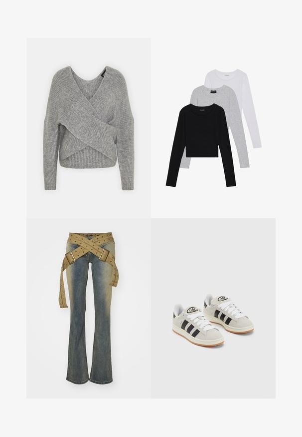 Gray wrap sweater with a deep V-neck, long sleeves, and ribbed texture. Made from a soft knit material with a layered, asymmetrical design.; Three long-sleeve tops stacked: black, grey, and white. Each has a round neckline and a cropped design with smooth, lightweight fabric.; Jaded London STRAP UP STONEWASH - Bootcut jeans - hellblau; Gray suede sneakers with white laces, black stripes, and a white rubber sole. Features a circular logo on the tongue and a gum sole.