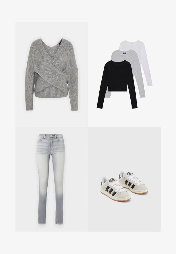 Siva omotana vestica s dubokim V-izrezom, dugim rukavima i rebrastom teksturom. Izrađena od mekog pletenog materijala s slojevitim, asimetričnim dizajnom.; Tri dugih rukava posložena: crna, siva i bijela. Svaka ima okrugli izrez i skrateni kroj s glatkom, laganom tkaninom.; Svijetloplave uske traperice s gradijentnim pranjem, koje imaju pet džepova, prednje kopčanje na gumb i blagu istrošenost na bedru.; Sive suede tenisice s bijelim vezicama, crnim prugama i bijelim gumiranim potplatom. Imaju kružni logo na jeziku i gumeni potplat.