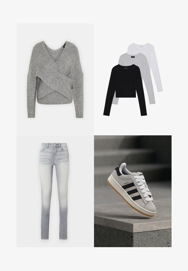 Gray wrap sweater with a deep V-neck, long sleeves, and ribbed texture. Made from a soft knit material with a layered, asymmetrical design.; Three long-sleeve tops stacked: black, grey, and white. Each has a round neckline and a cropped design with smooth, lightweight fabric.; Light blue skinny jeans with a gradient wash, featuring five pockets, a front button closure, and slight fading at the thigh.; Gray Adidas Campus sneaker with black stripes and white laces floating above a concrete ledge with stairs in the background.