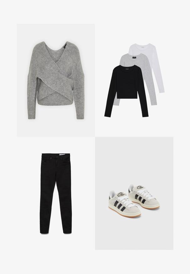 Pelēka apvalka džemperis ar dziļu V veida kakla izgriezumu, garām piedurknēm un ribu tekstūru. Izgatavots no mīksta adījuma materiāla ar slāņotu, asimetrisku dizainu.; Trīs garām piedurknēm veidotas augšdaļas, sakrautās: melna, pelēka un balta. Katram ir noapaļots kakla izgriezums un īsa dizaina forma ar gludu, vieglu audumu.; Melnas plānas džinsa auduma džinsu bikses ar klasisku piecu kabatu dizainu, rāvējslēdzēja aizdari un smalkām šūšanas detaļām.; Pelēkas zamšādas kedas ar baltām saites, melnām svītrām un baltu gumijas zoli. Raksturīga apļa logo uz mēles un gumijas zole.