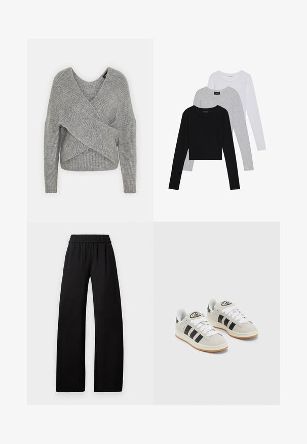 Grijze wikkeltrui met een diepe V-hals, lange mouwen en ribbelstructuur. Gemaakt van een zachte gebreide stof met een gelaagd, asymmetrisch ontwerp.; Drie langmouwige tops gestapeld: zwart, grijs en wit. Elke top heeft een ronde halslijn en een cropped ontwerp van soepel, lichtgewicht materiaal.; Zwarte wijde broek met een elastische tailleband, voorzien van een zachte textuur en een vloerlang ontwerp voor een comfortabele pasvorm.; Grijze nubucklederen sneakers met witte veters, zwarte strepen en een witte rubberen zool. Bevat een rond logo op de tong en een gumzool.