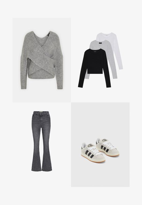 Pelēka apvalka džemperis ar dziļu V veida kakla izgriezumu, garām piedurknēm un ribu tekstūru. Izgatavots no mīksta adījuma materiāla ar slāņotu, asimetrisku dizainu.; Trīs garām piedurknēm veidotas augšdaļas, sakrautās: melna, pelēka un balta. Katram ir noapaļots kakla izgriezums un īsa dizaina forma ar gludu, vieglu audumu.; Augstās jostas vietas izplēstas džinsas tumši pelēkā denima, ar klasisku piecu kabatu dizainu, pogu aizdari un nelielu nodiluma efektu.; Pelēkas zamšādas kedas ar baltām saites, melnām svītrām un baltu gumijas zoli. Raksturīga apļa logo uz mēles un gumijas zole.