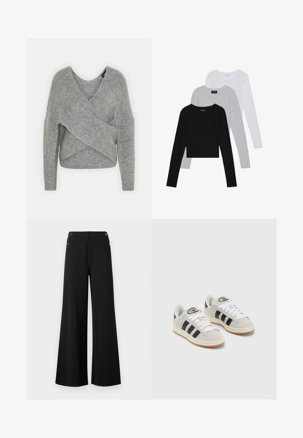 Pilkas aptraukiamas megztinis su giliu V formos iškirpimu, ilgomis rankovėmis ir riešutiniu tekstūru. Pagamintas iš minkštos megztos medžiagos su sluoksniuota, asimetrine konstrukcija.; Trijų ilgomis rankovėmis marškinėlių krūva: juodas, pilkas ir baltas. Kiekvienas turi apvalų iškirpimą ir trumpą dizainą, pagamintas iš lygaus, lengvo audinio.; Juodos plačios kojų kelnės, pagamintos iš lygaus audinio, su aukso spalvos mygtukų akcentais juosmens srityje ir švariu, minimalistiniu dizainu.; Grynos zomšos sneakeriai su baltais raišteliais, juodomis juostelėmis ir balta gumine sole. Turintys apskritą logotipą ant liežuvėlio ir guminę sole.