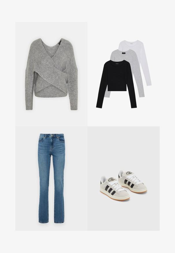 Pullover griș cu un decolteu adânc în V, mâneci lungi și textură cu ochiuri. Fabricat dintr-un material tricotat moale, cu un design stratificat și asimetric.; Trei bluze cu mânecă lungă așezate: neagră, gri și albă. Fiecare are un guler rotund și un design scurt, realizat dintr-un material fin și ușor.; Jeans albastre cu talie înaltă, croială dreaptă, cu nasture și fermoar în față, design cu cinci buzunare și o ușoară decolorare pe coapse și genunchi.; Adidași din suede gri cu șireți albi, dungi negre și talpă din cauciuc alb. Prezintă un logo circular pe limbă și o talpă din cauciuc.