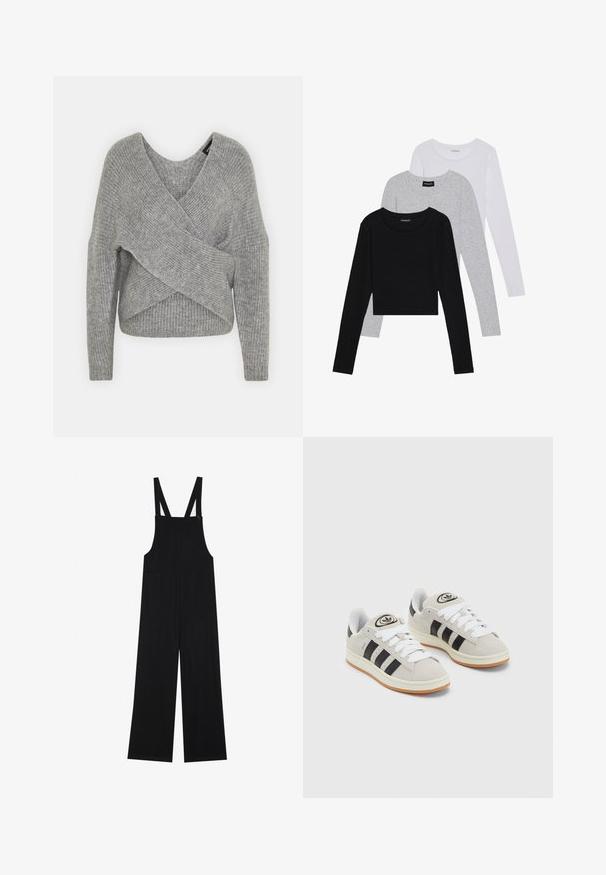 Siva ovitek pulover z globokim V-izrezom, dolgimi rokavi in ribasto teksturo. Narejen iz mehke pletene tkanine z plastnim, asimetričnim dizajnom.; Tri dolga rokava zložena: črna, siva in bela. Vsaka ima okroglo izreznico in skrajšan dizajn z gladkim, lahkotnim materialom.; Črne naramnice iz mehkega blaga, širokih hlačnic, dveh sprednjih žepov ter nastavljivih naramnic z gumbnim zapiranjem.; Sive športne čevlje iz semiša z belimi vezalkami, črnimi črtami in belim gumijastim podplatom. Imajo okroglo oznako na ježku in podplat iz gume.