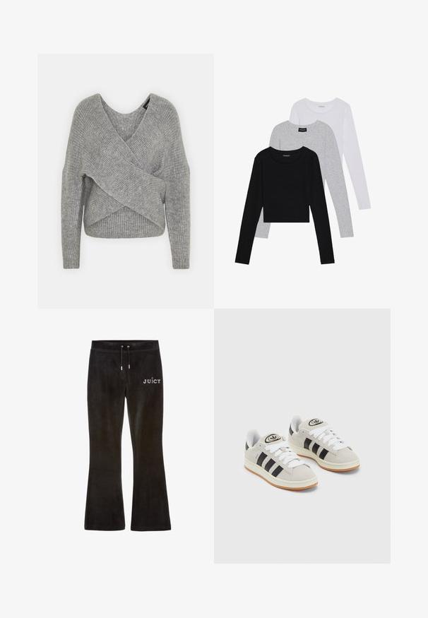 Grijze wikkeltrui met een diepe V-hals, lange mouwen en ribbelstructuur. Gemaakt van een zachte gebreide stof met een gelaagd, asymmetrisch ontwerp.; Drie langmouwige tops gestapeld: zwart, grijs en wit. Elke top heeft een ronde halslijn en een cropped ontwerp van soepel, lichtgewicht materiaal.; Zwarte velours broek met een uitlopende pijpdesign. Beschikt over een trekkoord in de taille en het woord "JUICY" in rhinestones aan de voorkant. Zachte textuur.; Grijze nubucklederen sneakers met witte veters, zwarte strepen en een witte rubberen zool. Bevat een rond logo op de tong en een gumzool.